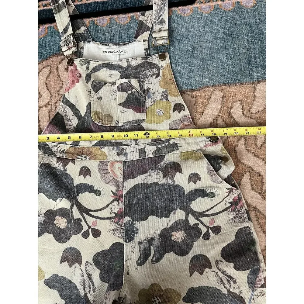 SM WARDROBE Floral Ladybug Cotton Canvas Wide Leg Gardening Overalls Jumper Sz L - Picture 16 of 16